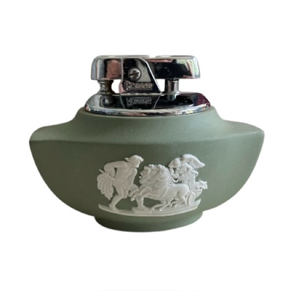 Wedgwood Olive Green Jasperware Table Lighter with White Relief